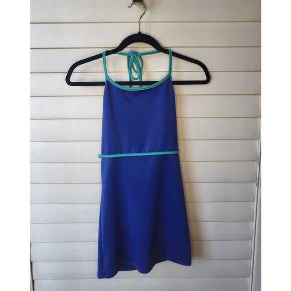 Blue and Turquoise Y2k Body Con Halter Mini Dress XS Teal Contrasting Trim - Picture 2 of 9
